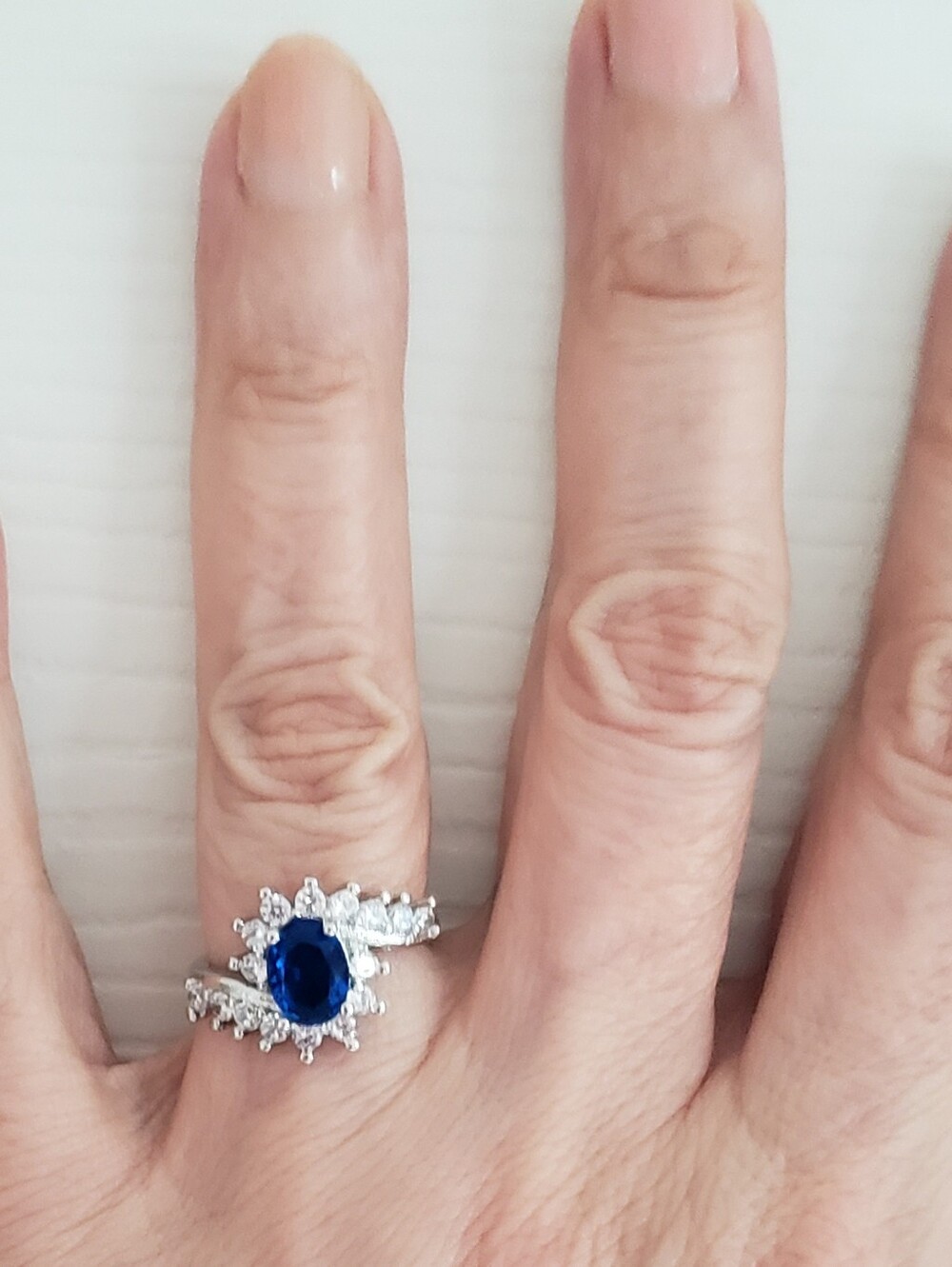 NEW SZ 6 BLUE SAPPHIRE Stamped Sterling Silver Ring, Oval Cut, White Halo Stones